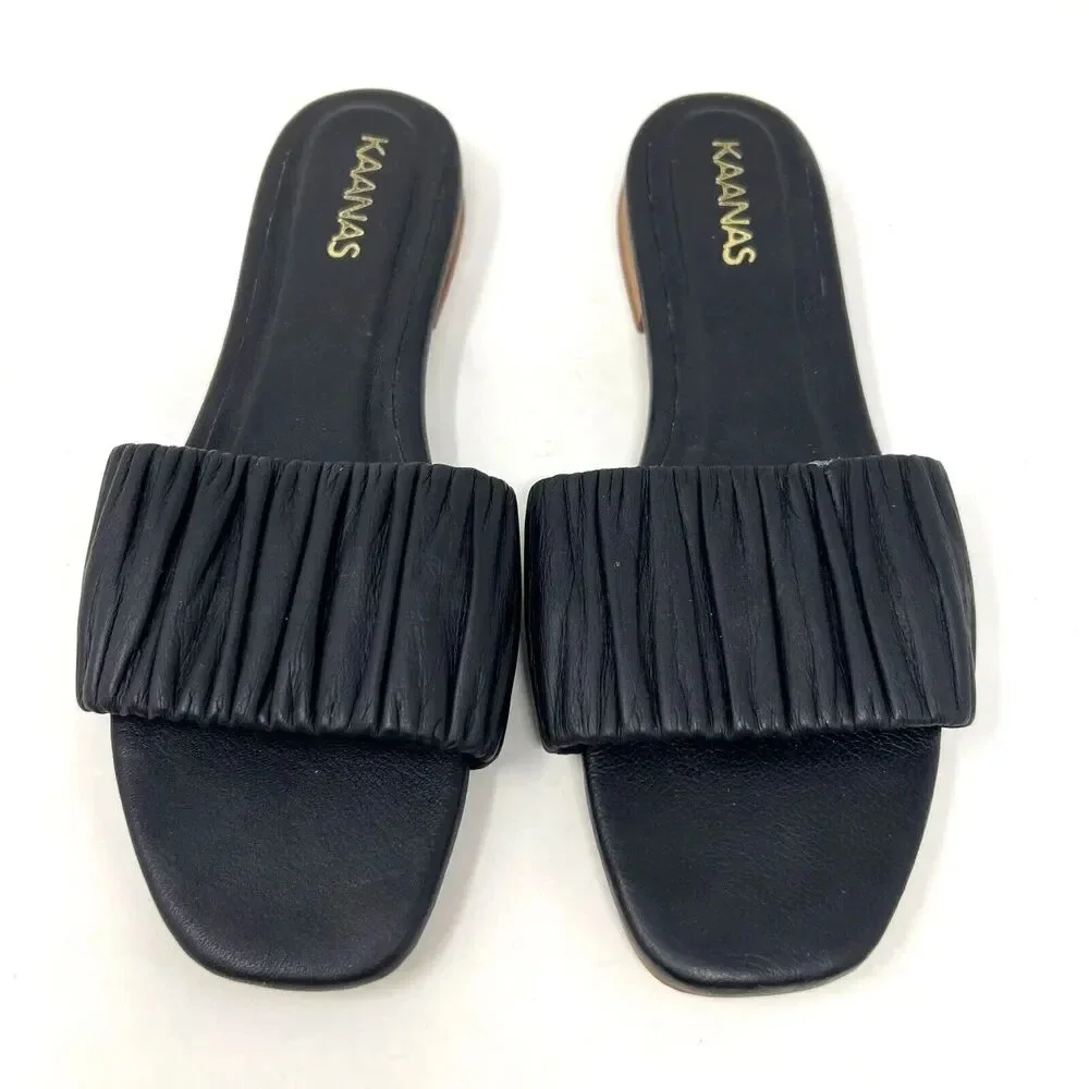 Kaanas Pekan Ruched Black Leather Slides Slip‎ On Sandals Shoes Women’s Size 6